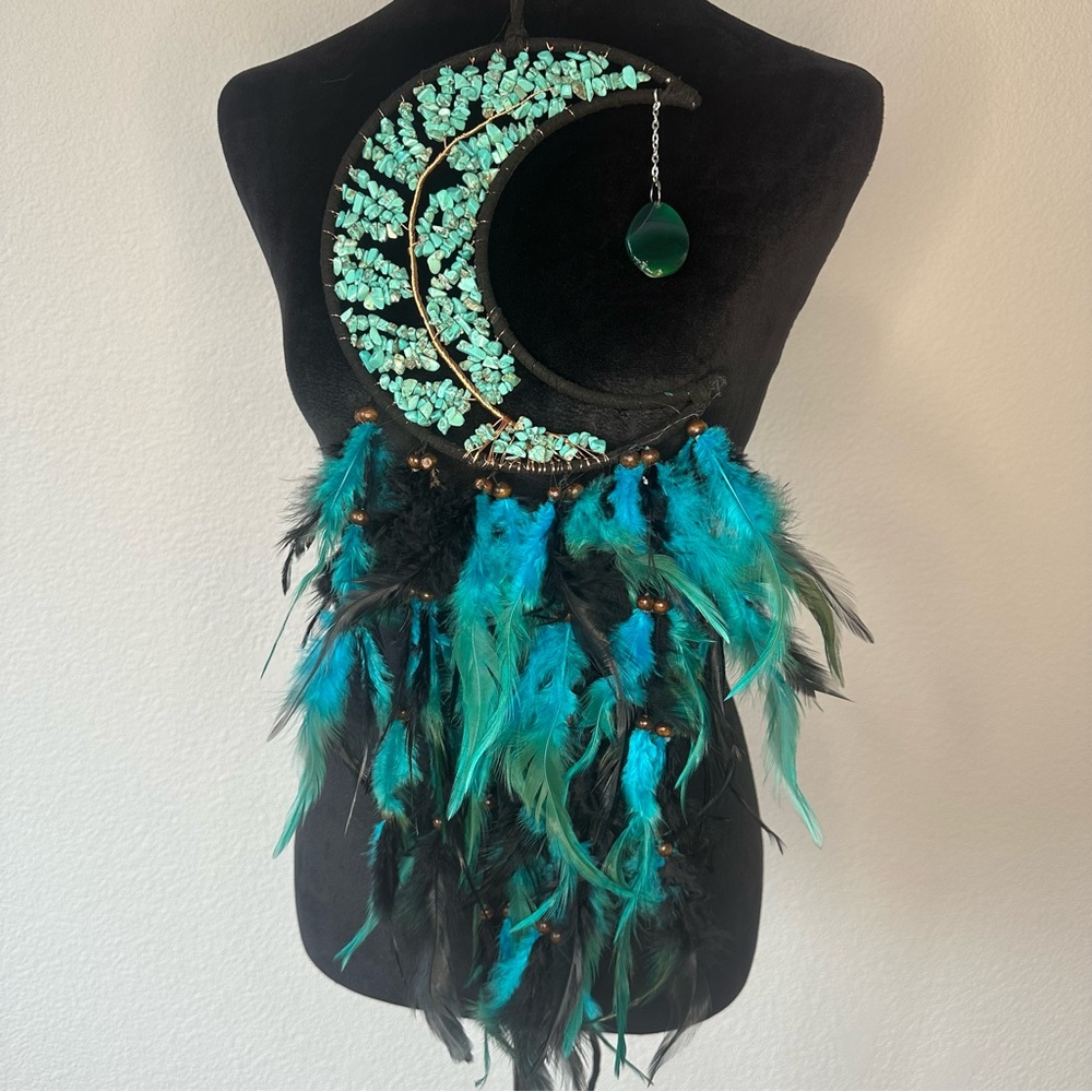 Turquoise and Black Feather Dreamcatcher - Picture 5 of 6